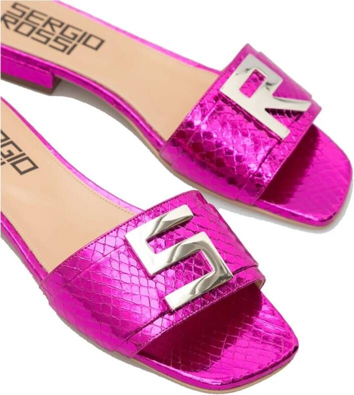 Sergio Rossi Leren Platte Sandalen Metallic Effect Pink Dames