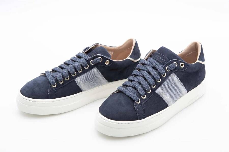 Stokton Blauwe Suède Sneaker met Tweed Detail Blue Dames