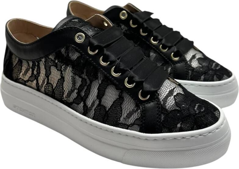 Stokton Kanten Sneaker met Leren Details Black Dames