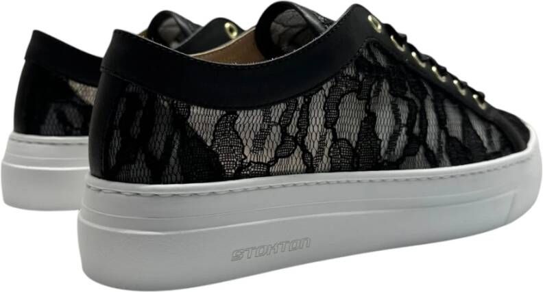 Stokton Kanten Sneaker met Leren Details Black Dames