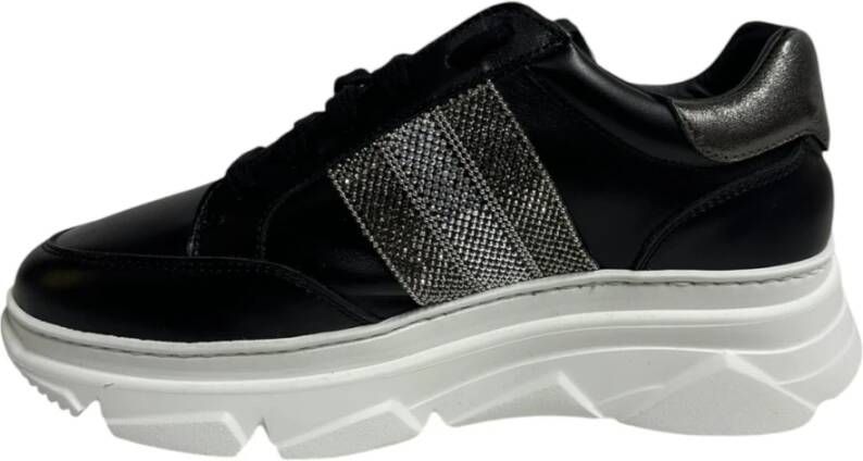 Stokton Zwarte leren sneakers met zilveren strass band Black Dames