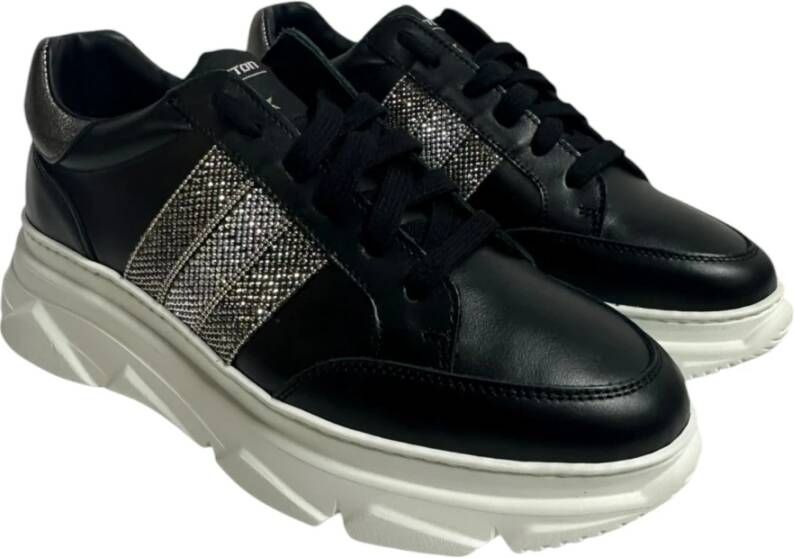 Stokton Zwarte leren sneakers met zilveren strass band Black Dames