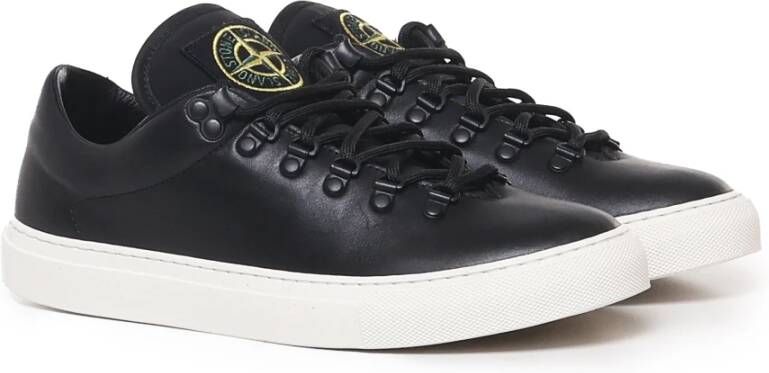 Stone Island Zwarte Leren Sneakers Rubberen Zool Black Heren