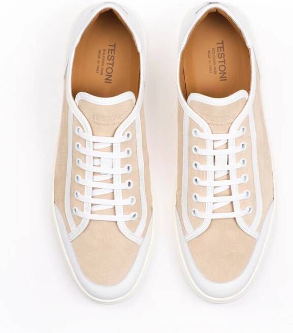 Testoni Gedrukte Canvas Suède Sneaker Beige Heren