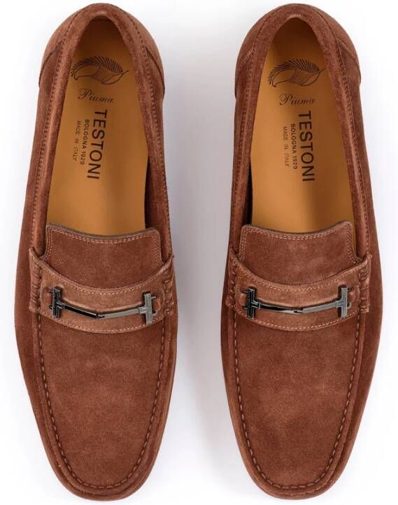 Testoni Suede Moccasin met T Metalen Ornament Brown Heren