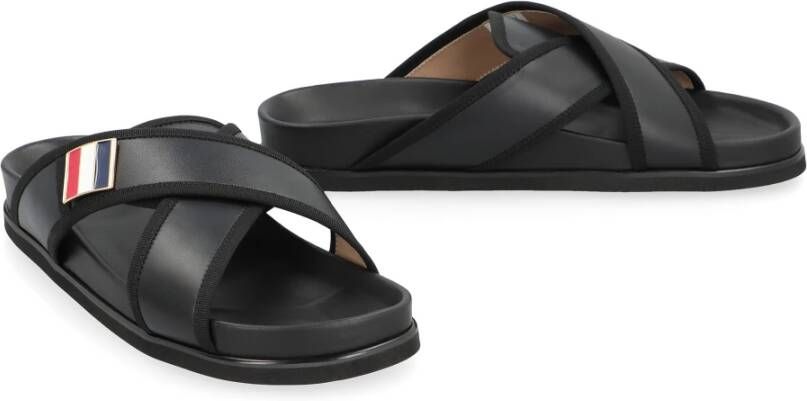 Thom Browne Leren slides met Grosgrain-lintdetails Black Heren