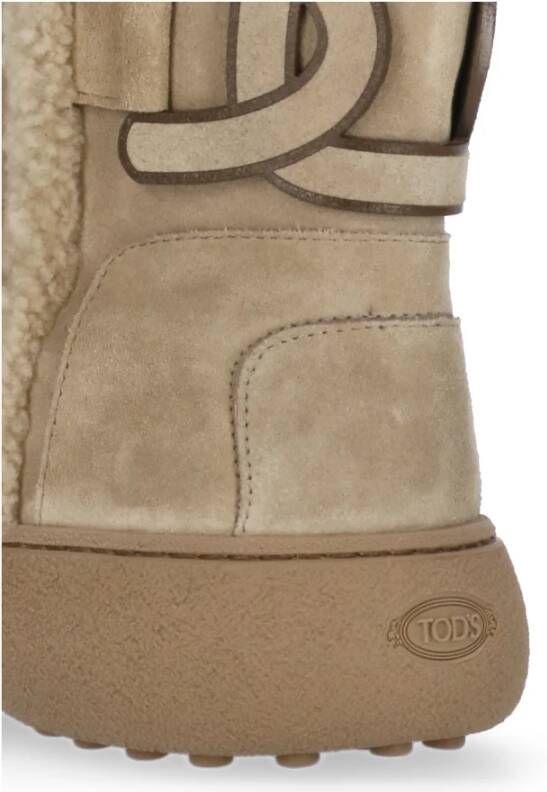 TOD'S Beige Suède Leren Enkellaarzen met Shearling Details Beige Dames