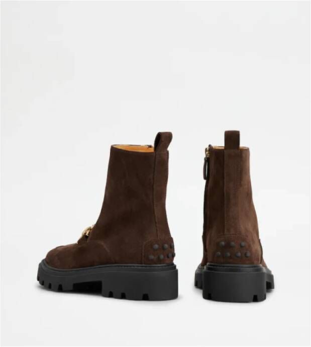 TOD'S Fluweel Leren Chunky Hak Enkellaarzen Brown Dames