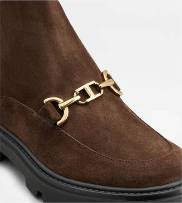 TOD'S Fluweel Leren Chunky Hak Enkellaarzen Brown Dames