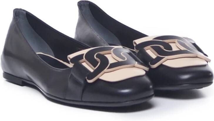 TOD'S Zwarte Leren Ballet Flats Kettingdetail Black Dames