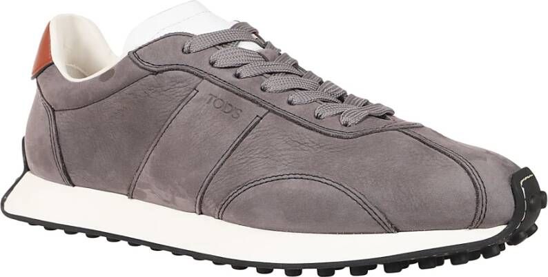 TOD'S Grijze Suède Sneakers met Bruin Leren Detail Gray Heren