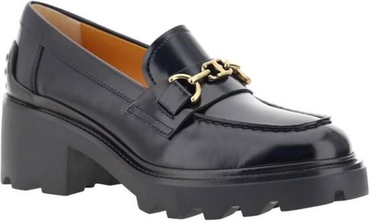 TOD'S Metalen Plaque Kalfleren Loafers met Blokhak Black Dames