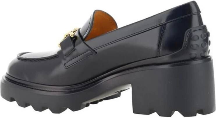 TOD'S Metalen Plaque Kalfleren Loafers met Blokhak Black Dames