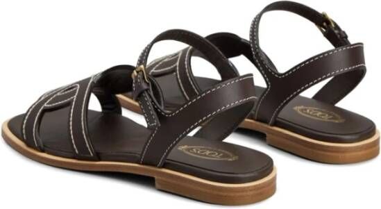 TOD'S Platte Leren Sandalen met Gelaagde Details Brown Dames