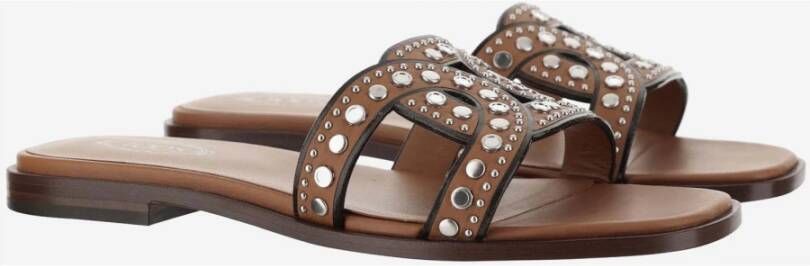 TOD'S Bruine leren kruisband sliders met studs Brown Dames