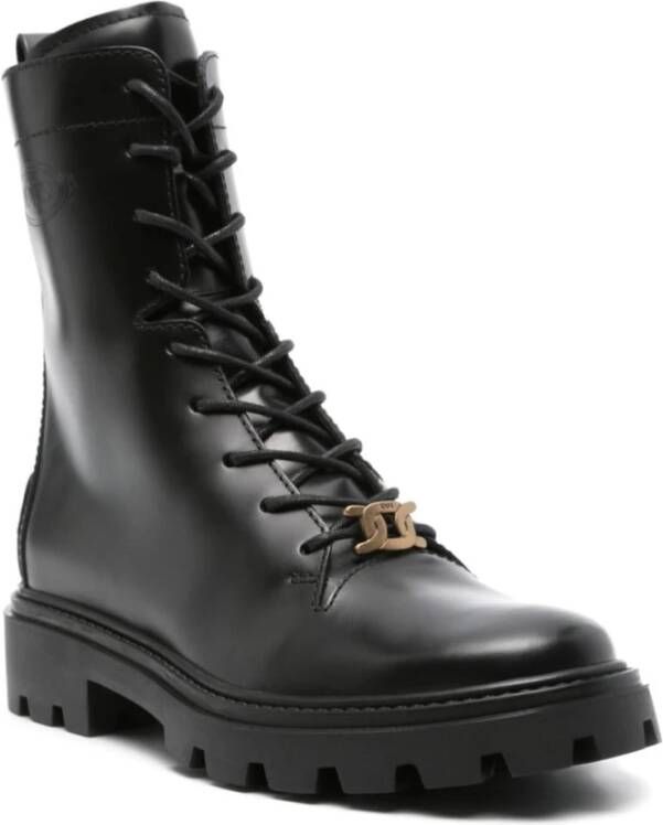 TOD'S Zwarte Kalfsleren Metalen Veterschoenen Black Dames