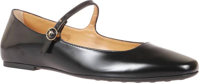 TOD'S Zwarte leren ballerina schoenen met iconische logoknop Black Dames