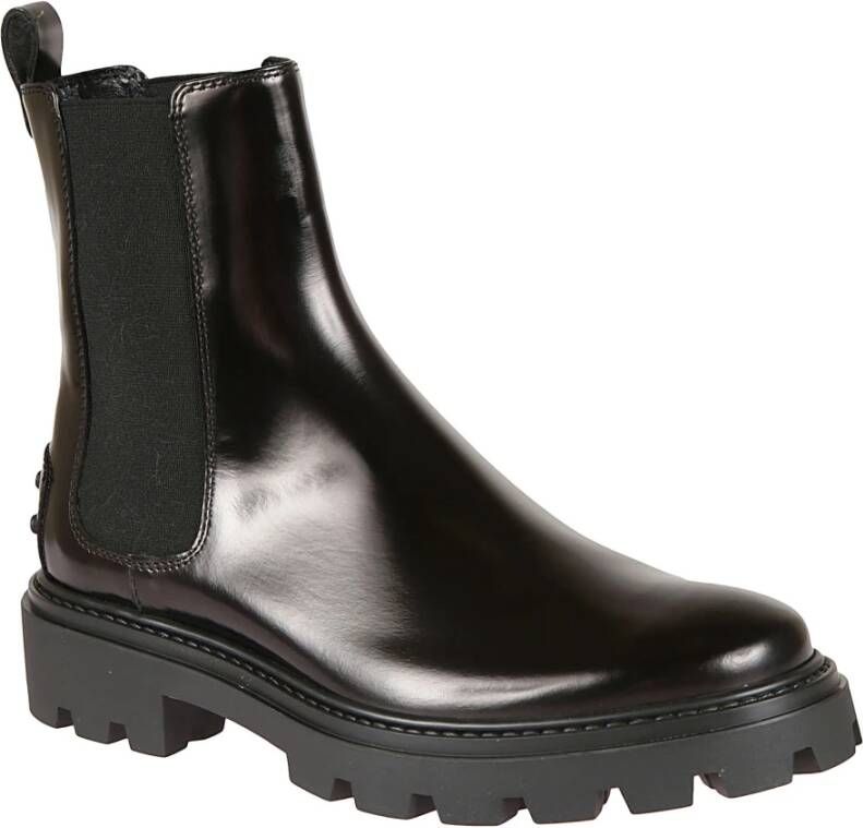 TOD'S Zwarte leren enkellaars rubberen zool Black Dames