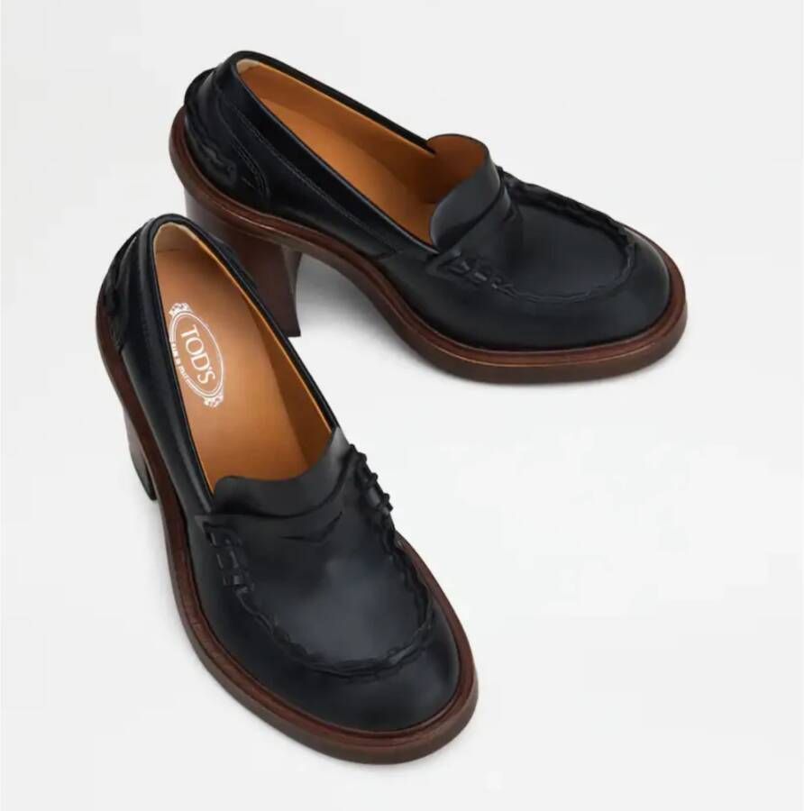 TOD'S Zwarte Leren Loafer met Dikke Hak Black Dames