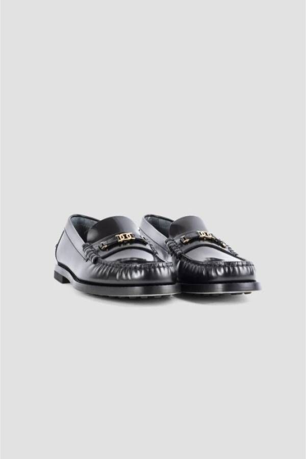 TOD'S Zwarte leren loafers met kettingaccessoire Black Dames