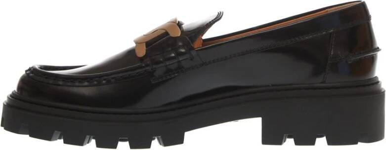 TOD'S Zwarte Leren Loafers met Kettingdetail Black Dames