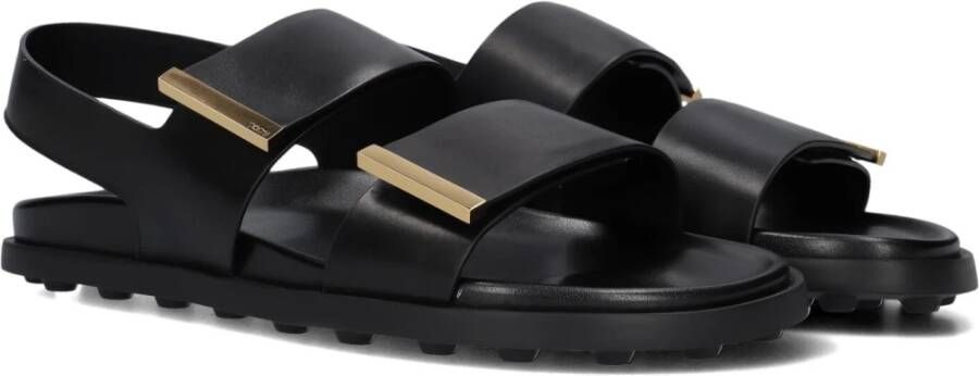 TOD'S Zwarte Leren Platte Sandalen met Banden Black Dames