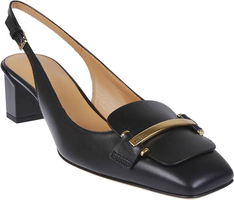 TOD'S Zwarte leren slingback met gouden metalen bar Black Dames