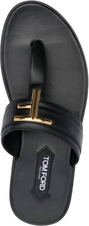 Tom Ford Zwarte Leren Logo-Plaque Platte Sandalen Zwart Heren