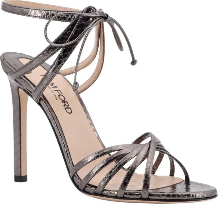 Tom Ford Gelamineerde leren sandalen met logo Gray Dames