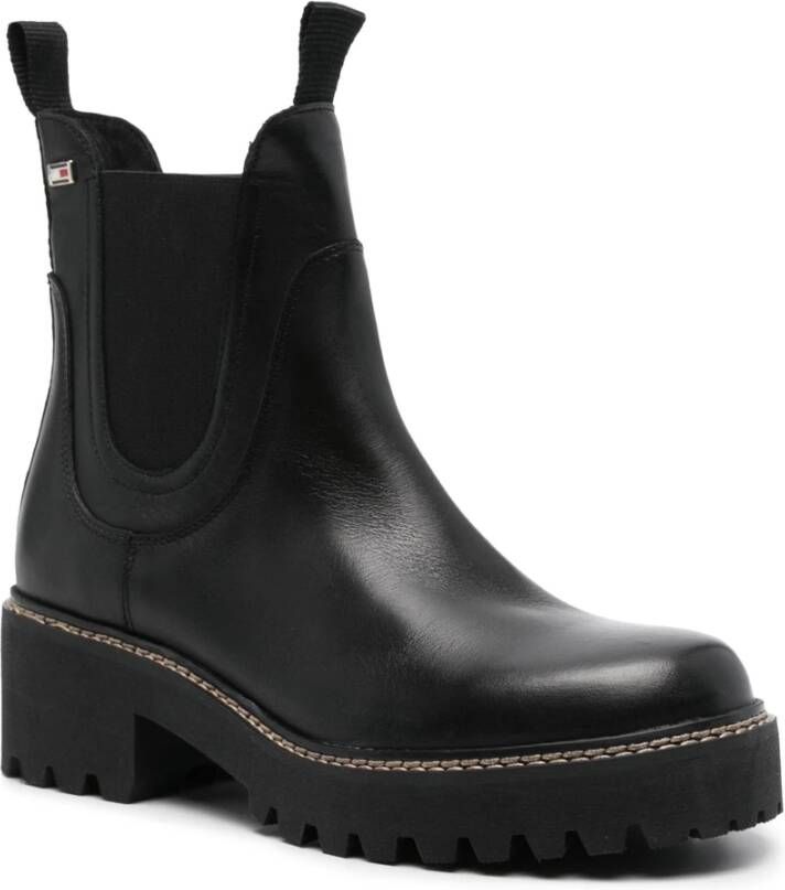 Tommy Hilfiger Zwarte Leren Chelsea Mid Hiel Laarzen Black Dames