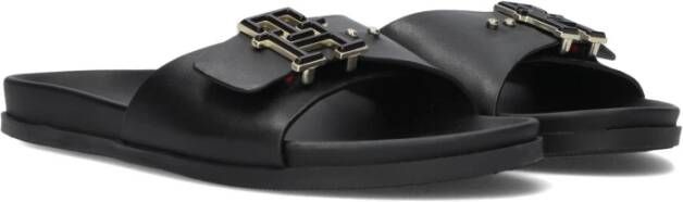 Tommy Hilfiger Zwarte Leren Hardware Platte Slippers Black Dames