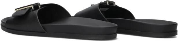 Tommy Hilfiger Zwarte Leren Hardware Platte Slippers Black Dames