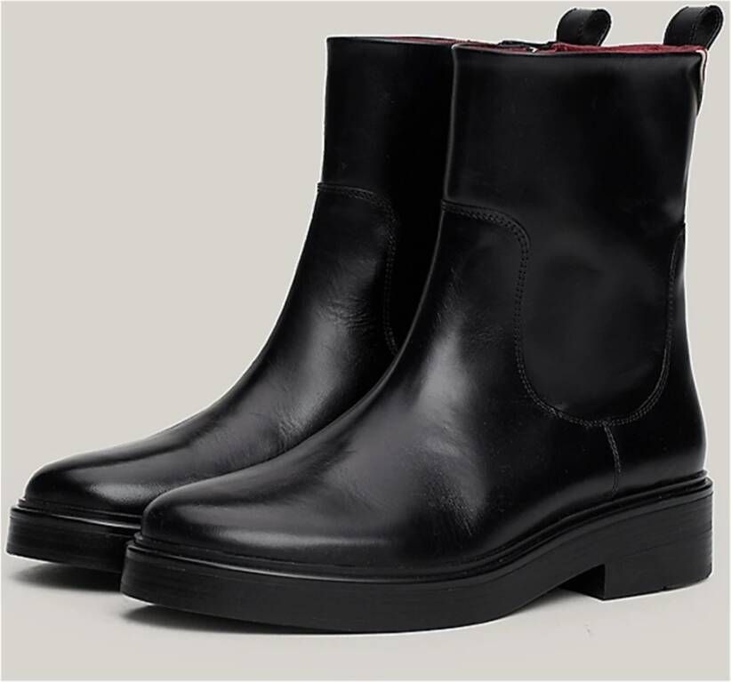 Tommy Hilfiger Zwarte Premium Leren Lage Laars Black Dames