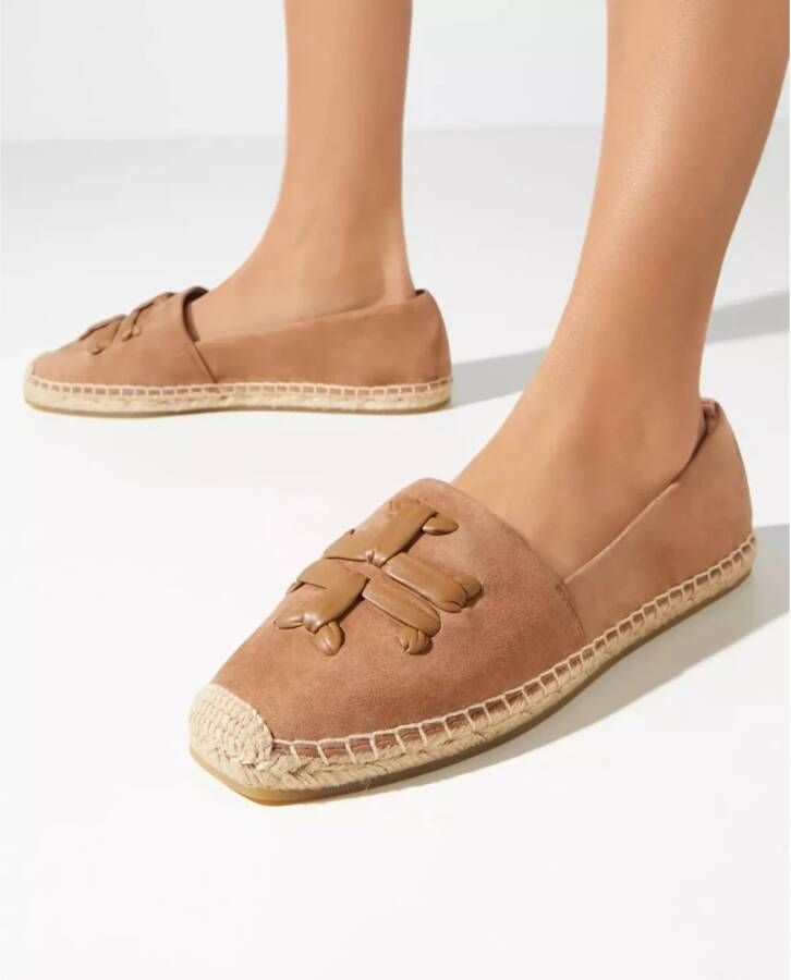 TORY BURCH Beige Suède Espadrilles met Double T Logo Brown Dames