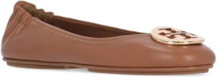 TORY BURCH Bruin Leren Ballet Flats met Logo Brown Dames