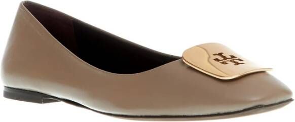 TORY BURCH Gouden logo modder lederen ballerina schoenen Brown Dames