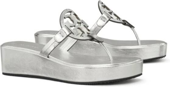 TORY BURCH Metallic Double T Teenslippers Gray Dames