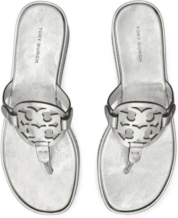 TORY BURCH Metallic Double T Teenslippers Gray Dames