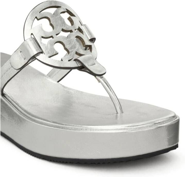 TORY BURCH Metallic Double T Teenslippers Gray Dames