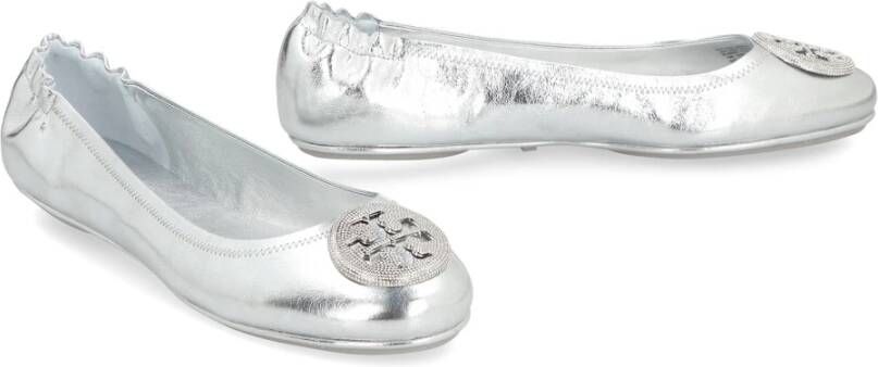 TORY BURCH Metallic Leren Ballet Flats Elastische Achterkant Gray Dames