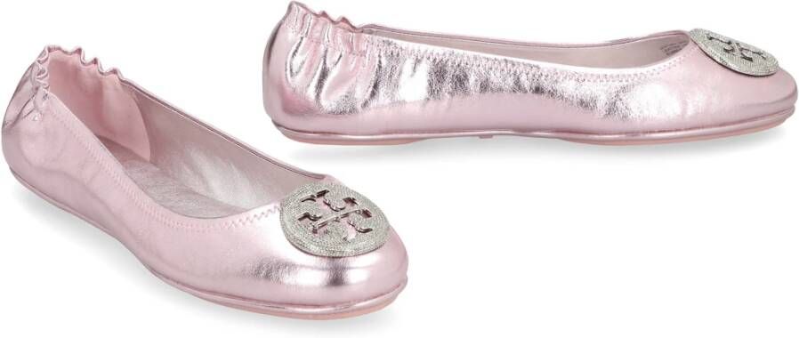 TORY BURCH Metallic Leren Ballet Flats Elastische Achterkant Pink Dames