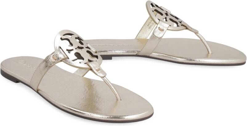 TORY BURCH Metallic Leren Platte Slippers Yellow Dames