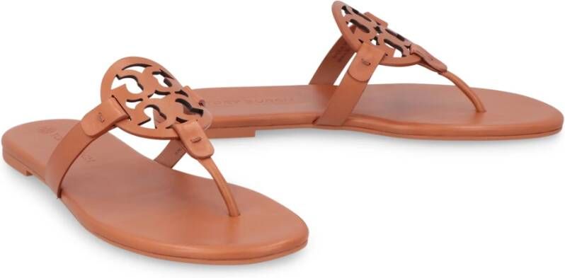 TORY BURCH Platte Leren Sandalen Ronde Neus Kalf Brown Dames