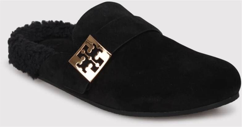 TORY BURCH Shearling Muiltjes met Logo Gesp Detail Black Dames