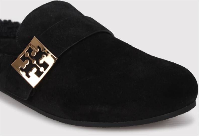 TORY BURCH Shearling Muiltjes met Logo Gesp Detail Black Dames