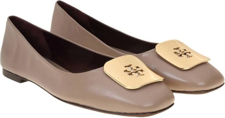 TORY BURCH Taupe Leren Ballerina met Vierkante Neus Gray Dames