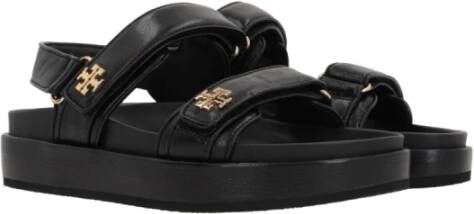 TORY BURCH Zwarte leren platte sandalen met dubbel T-logo Black Dames