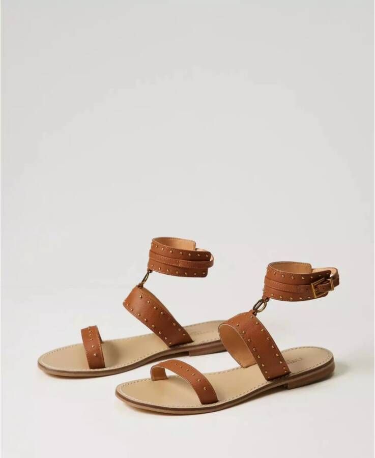 Twinset Platte leren sandalen met studs Brown Dames