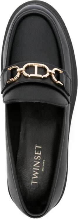 Twinset Zwarte leren platte schoenen met gouden logodetail Black Dames