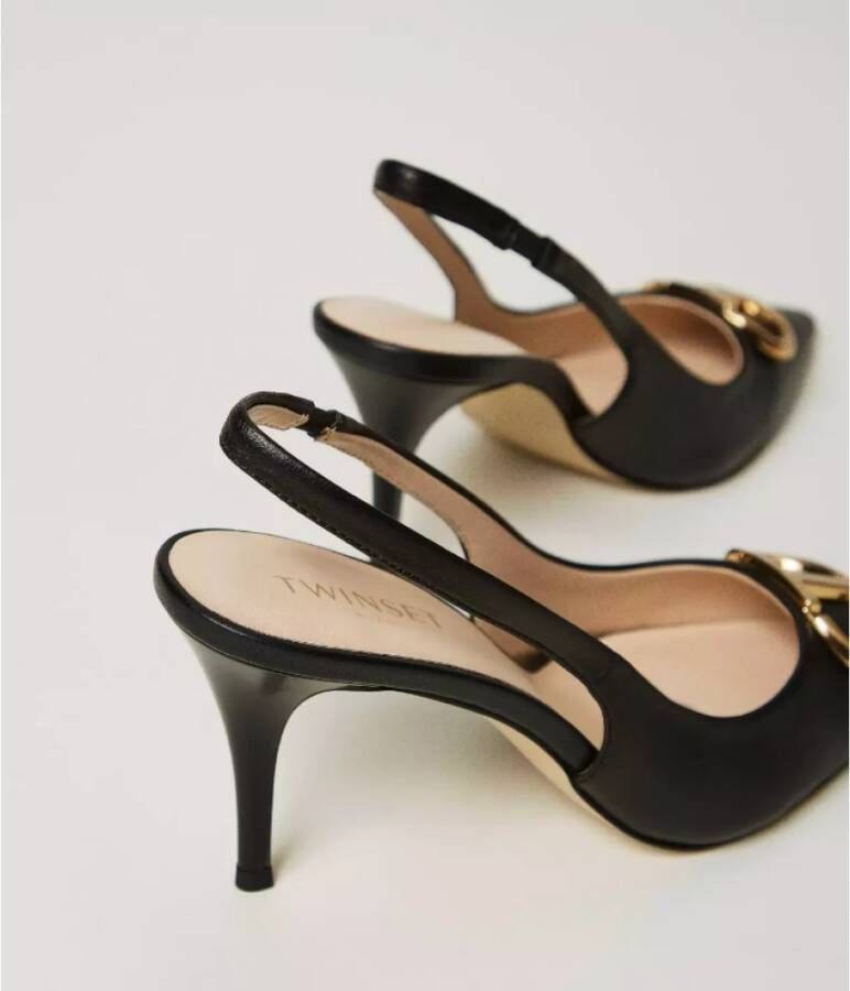 Twinset Zwarte leren slingback pump met stilettohak Black Dames